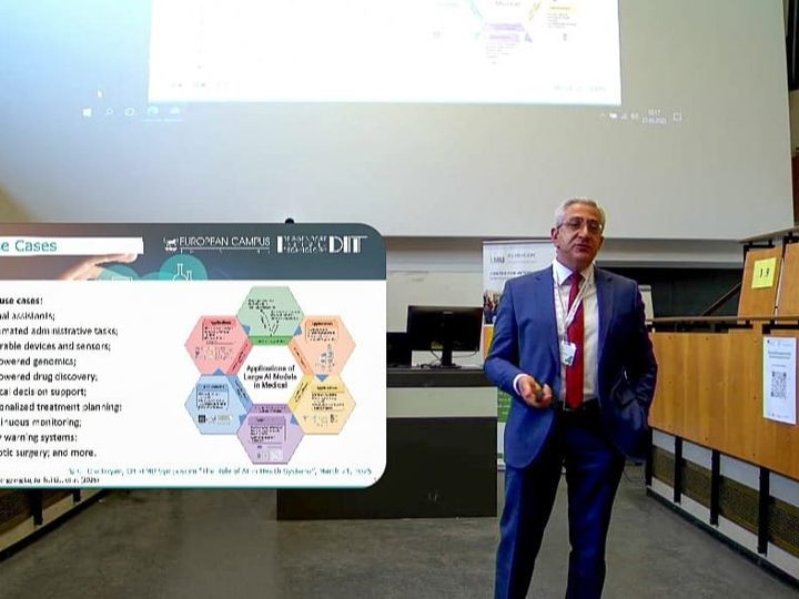 Prof. Georgi Chaltikyan presenting on AI and large language models in healthcare