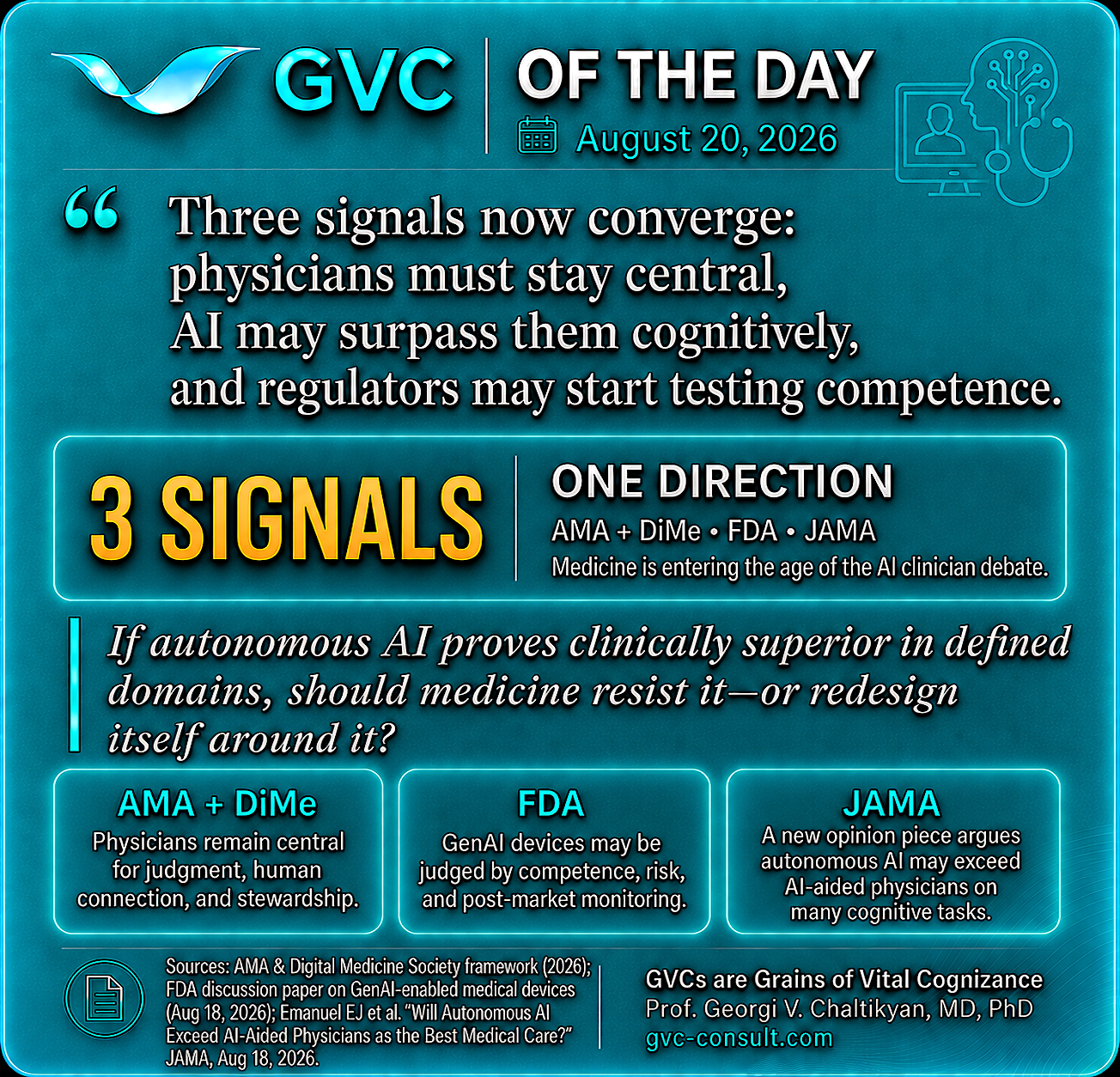 GVC of the Day, August 20, 2026: Three signals now converge around physicians, autonomous AI and competency-based regulation.