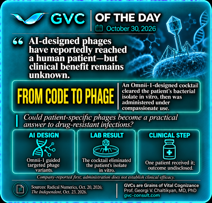 GVC of the Day, October 30, 2026: AI-designed phages reportedly reach a patient; clinical benefit remains unknown.